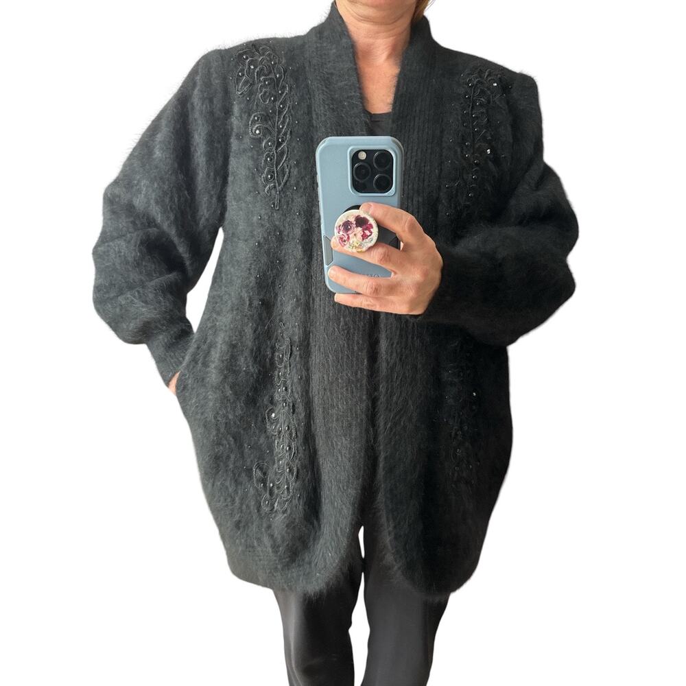 1990s Lee Sands Black Angora Beaded Duster Cardigan XL-1X